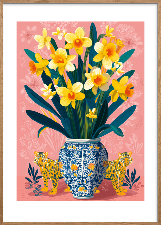 Påskeliljers guldbrøl - Oak Frame, With White Border