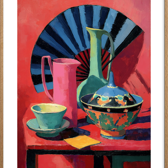 Syngende porcelæn i rødt - Oak Frame, With White Border