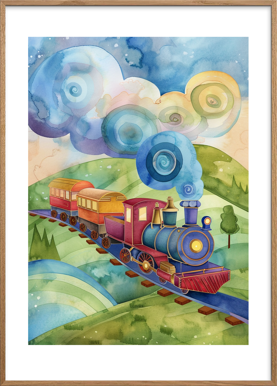 Togets blå hvisken - Oak Frame, With White Border