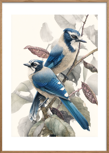 Blå hvisken i grenene - Oak Frame, With White Border