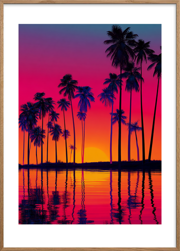 Aftenens palmesus ved vandet - Oak Frame, With White Border