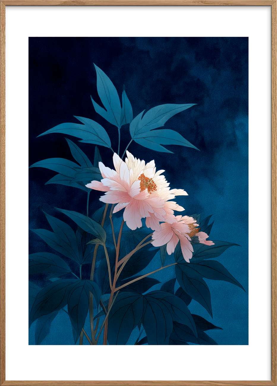 Nattens hvisken i blomst - Oak Frame, With White Border