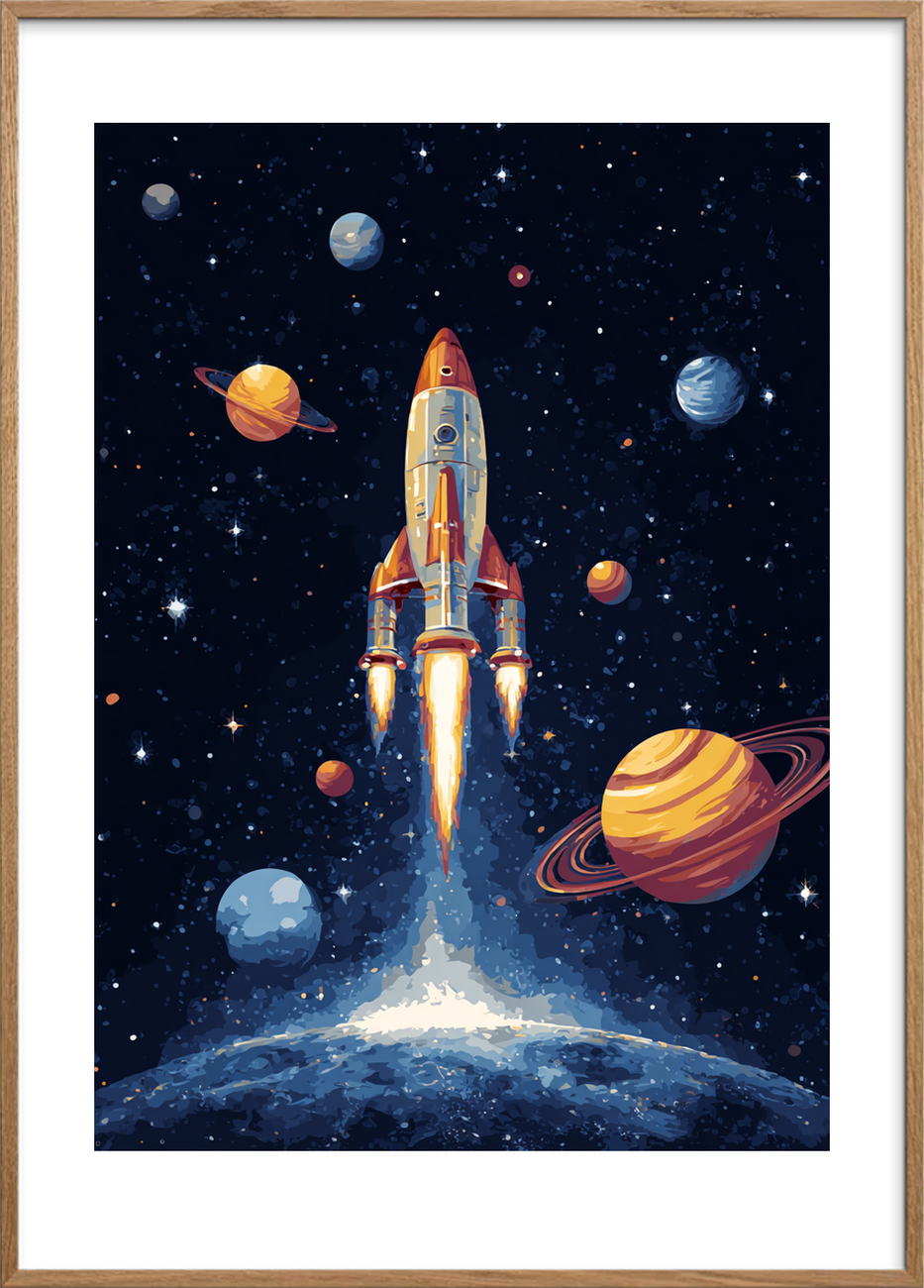 Raketens sus gennem mørket - Oak Frame, With White Border