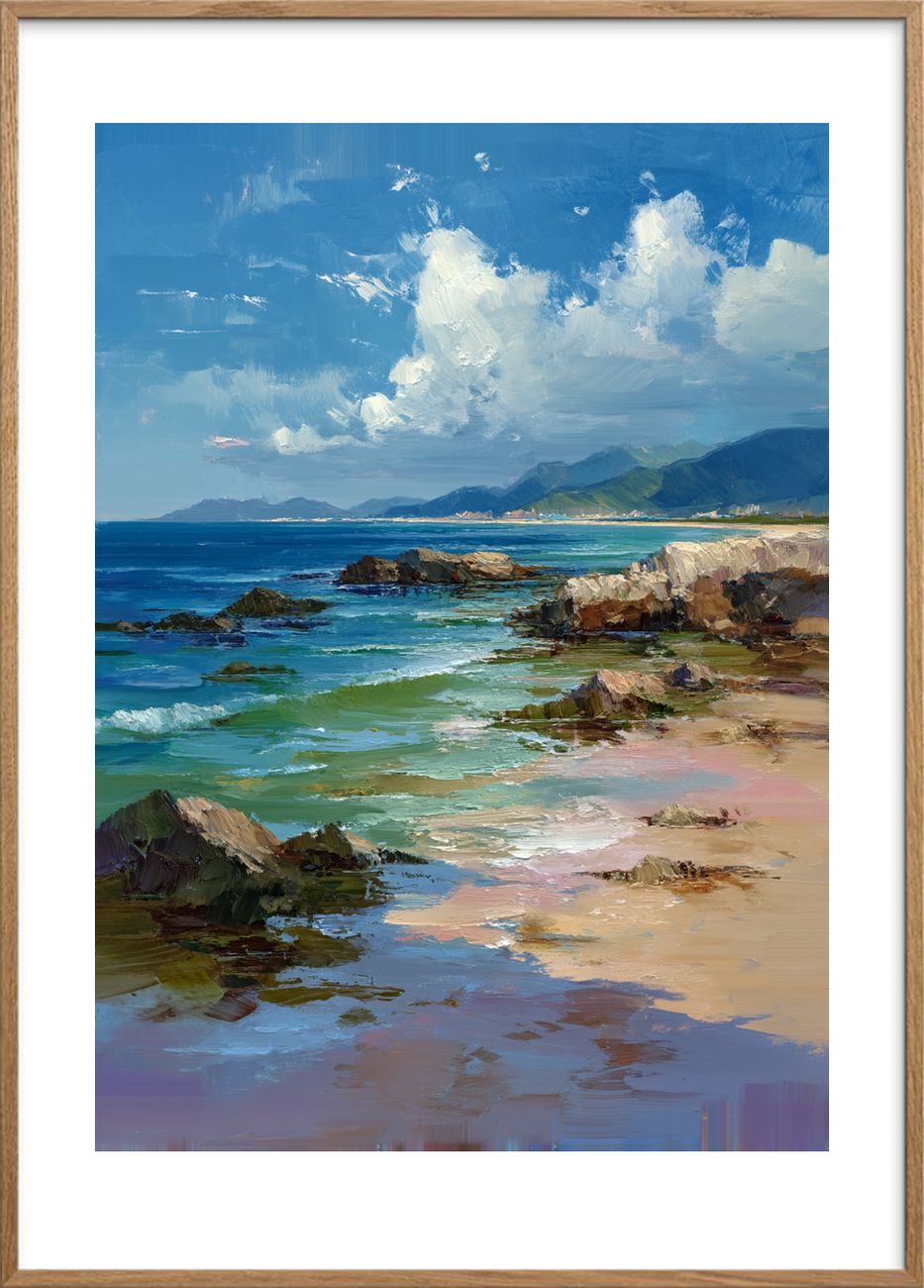 Havets hvisken ved klippen - Oak Frame, With White Border