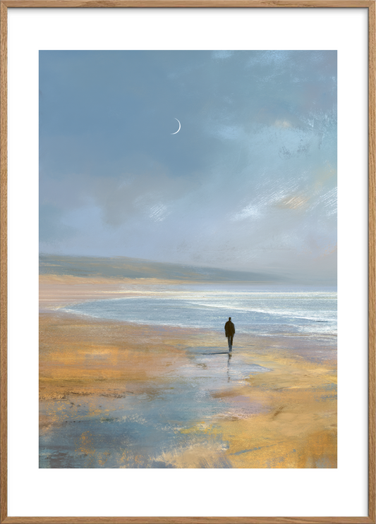 Måneskæret hvisker over havet - Oak Frame, With White Border