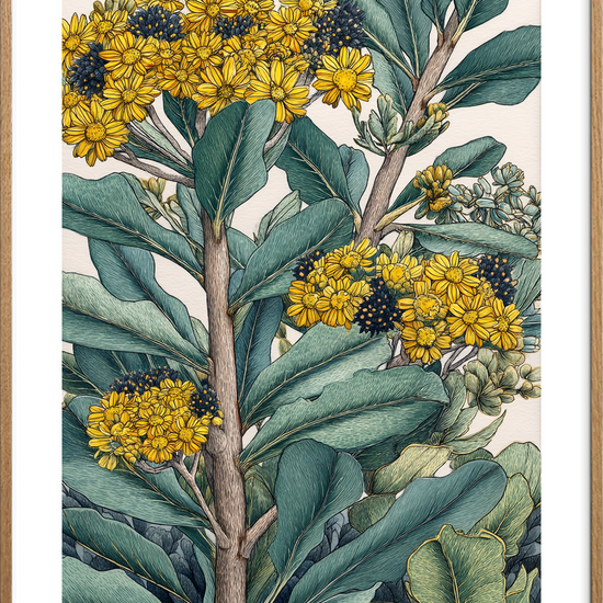 Gult sus i grønne blade - Oak Frame, With White Border