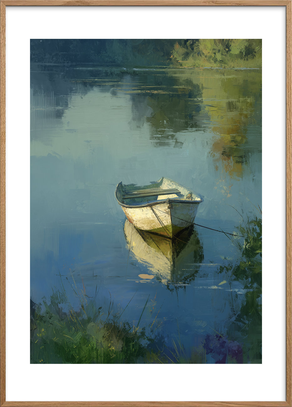 Bådens hvisken i morgendisen - Oak Frame, With White Border