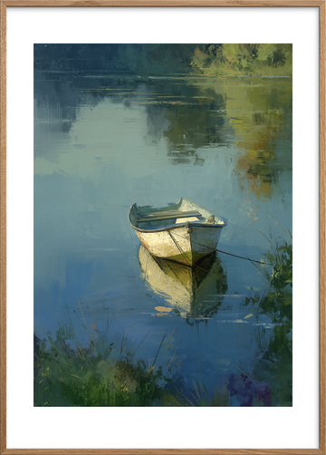 Bådens hvisken i morgendisen - Oak Frame, With White Border