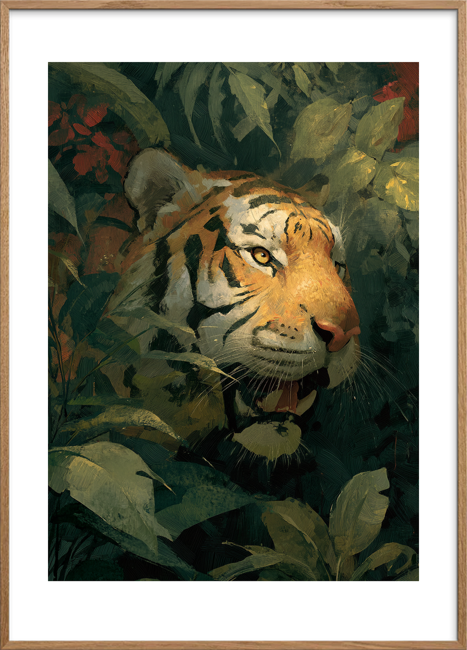 Tigerens stille hvisken - Oak Frame, With White Border