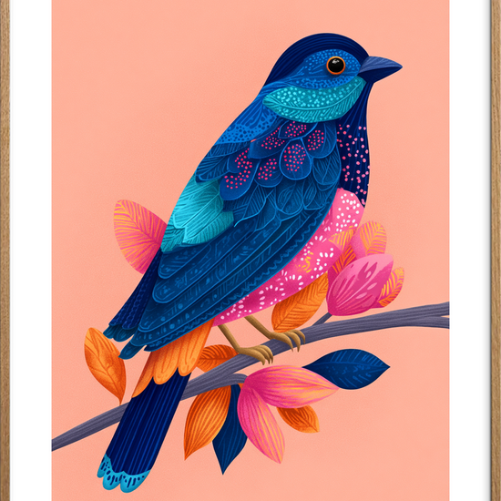 Blå fjer hvisker melodier - Oak Frame, With White Border