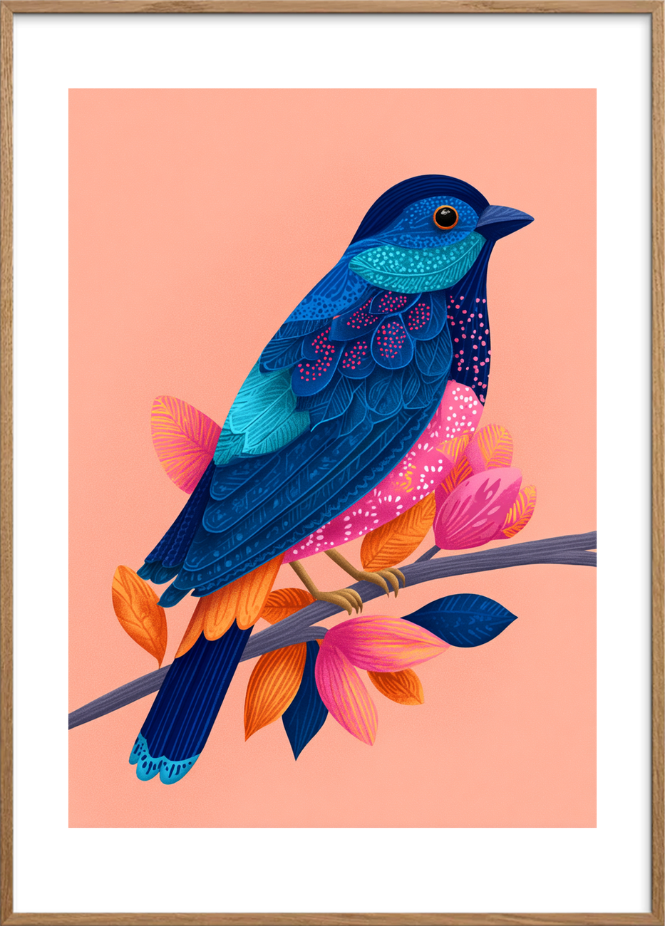 Blå fjer hvisker melodier - Oak Frame, With White Border