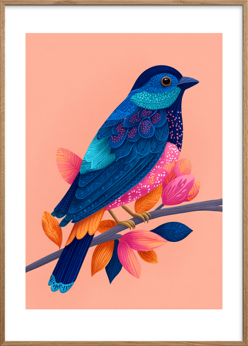 Blå fjer hvisker melodier - Oak Frame, With White Border