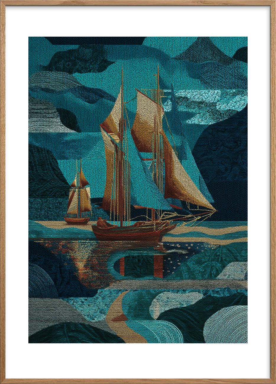 Sejlens sang under månen - Oak Frame, With White Border