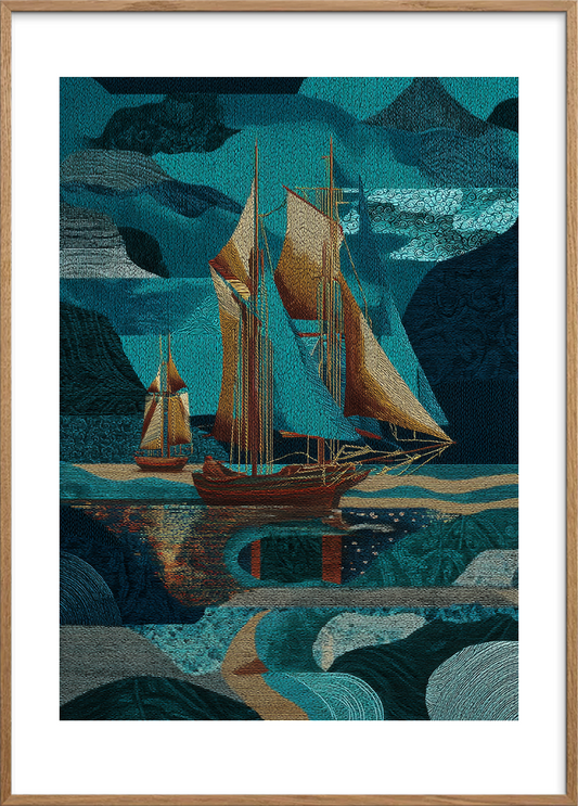 Sejlens sang under månen - Oak Frame, With White Border