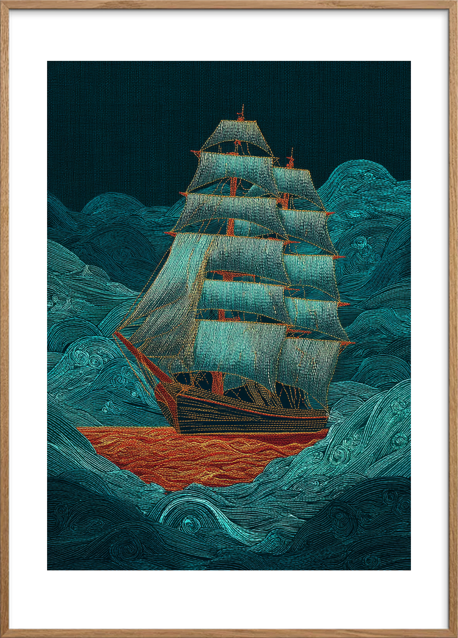 Havets hvisken under sejl - Oak Frame, With White Border