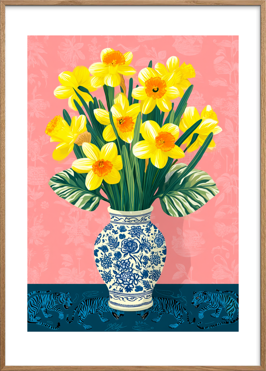 Forårets gule hvisken - Oak Frame, With White Border