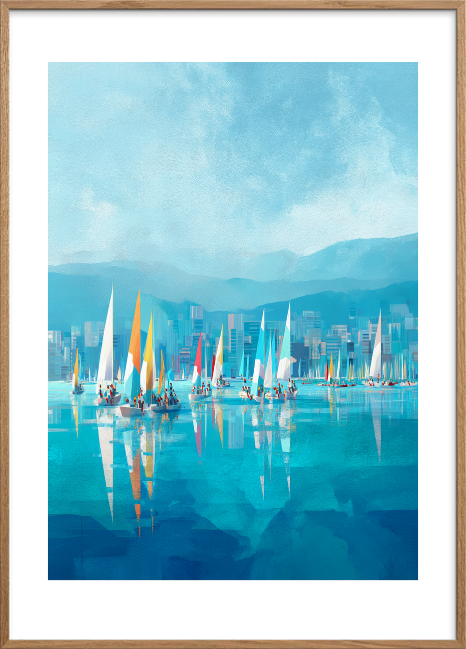 Havets blå hvisken - Oak Frame, With White Border