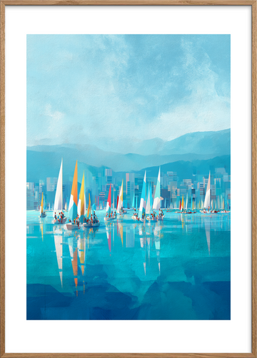 Havets blå hvisken - Oak Frame, With White Border