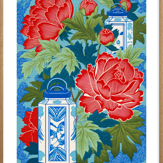 Silke under måneskin - Oak Frame, With White Border