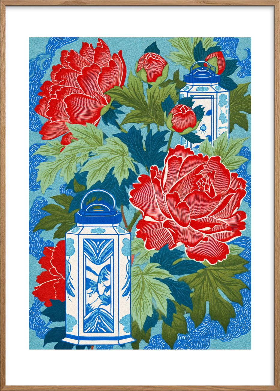 Silke under måneskin - Oak Frame, With White Border