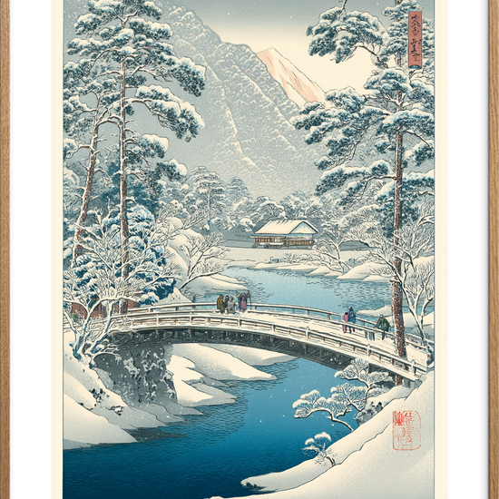 Knitrende kulde på broen - Oak Frame, With White Border