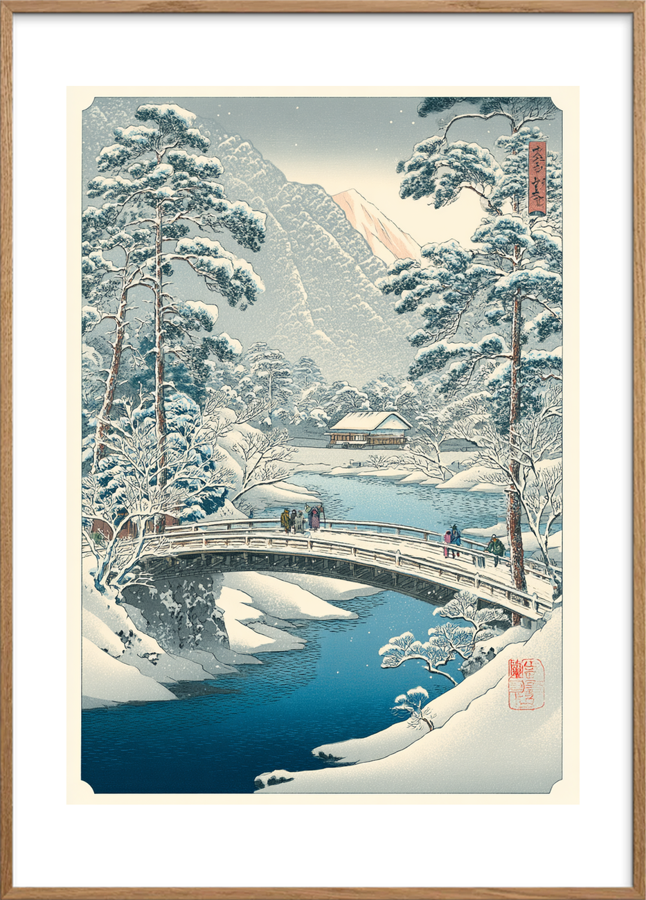 Knitrende kulde på broen - Oak Frame, With White Border