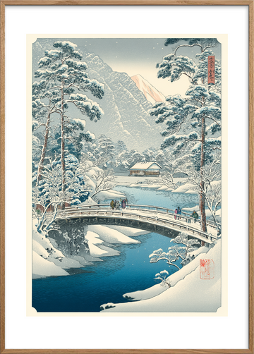 Knitrende kulde på broen - Oak Frame, With White Border