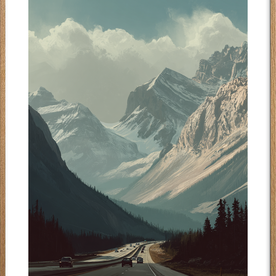 Bjergenes hvisken over motorvejen - Oak Frame, With White Border