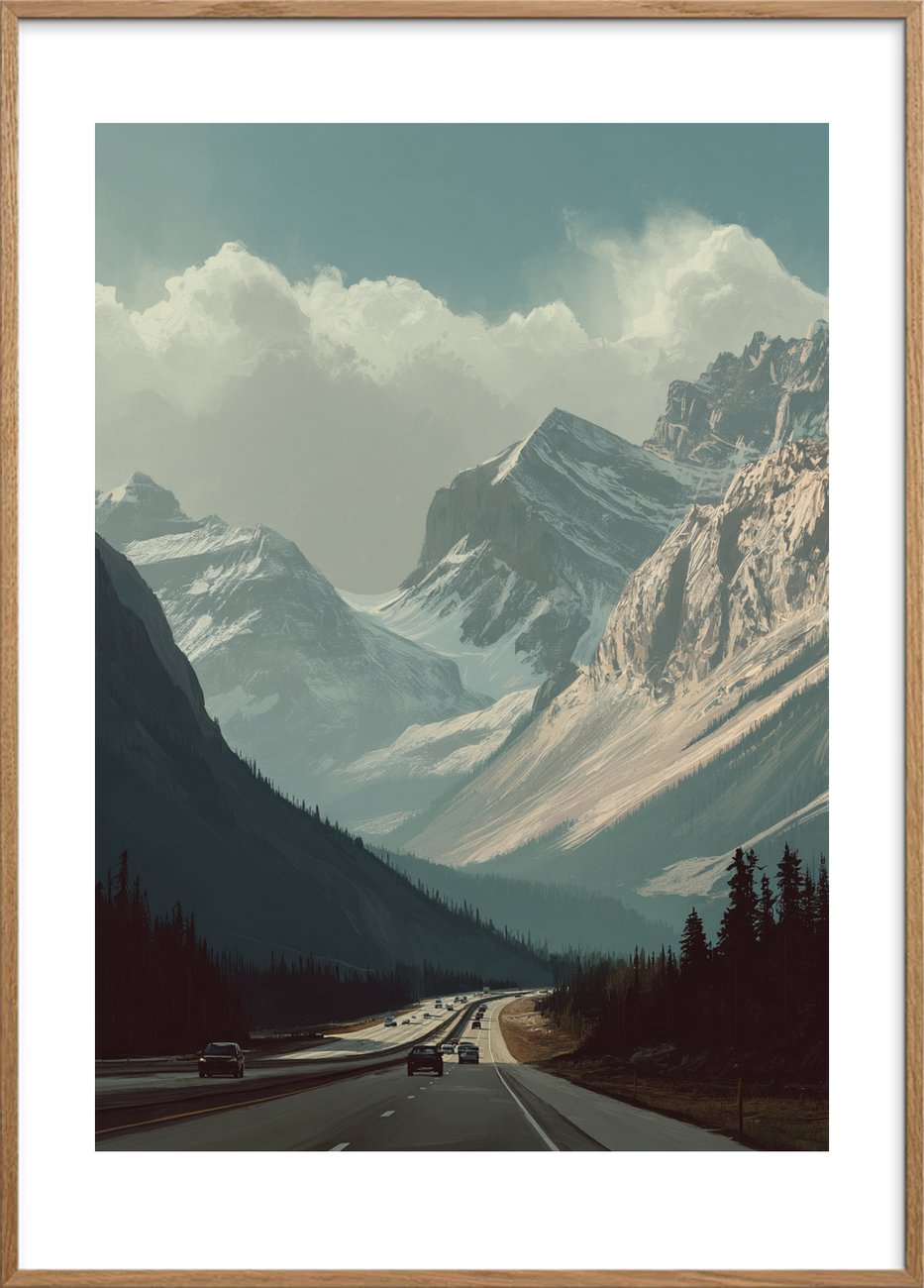 Bjergenes hvisken over motorvejen - Oak Frame, With White Border