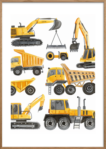 Buldrende gule maskiners sang - Oak Frame, With White Border