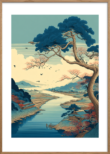 Vindens sang over floden - Oak Frame, With White Border