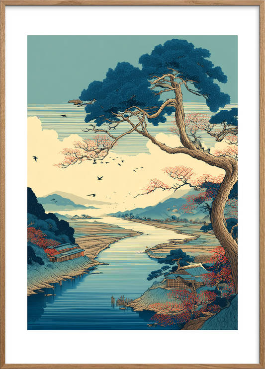 Vindens sang over floden - Oak Frame, With White Border