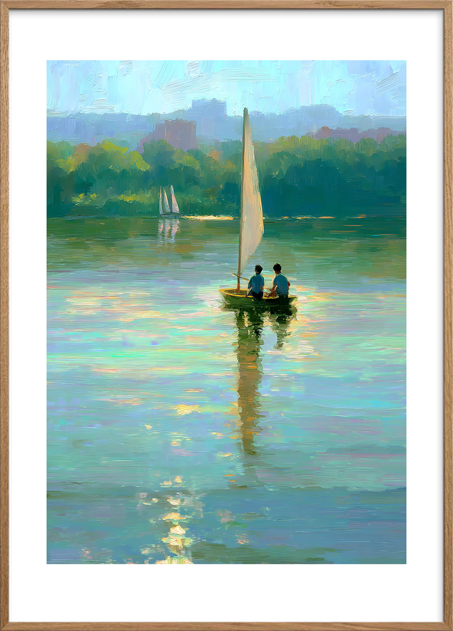 Stille bølgesang på vandet - Oak Frame, With White Border