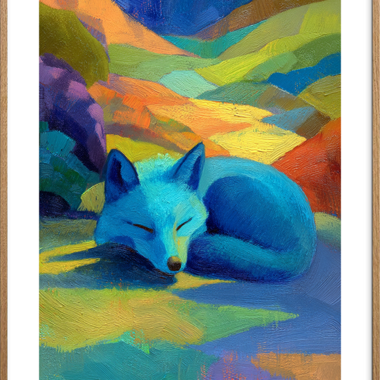 Blå rævs stille symfoni - Oak Frame, With White Border