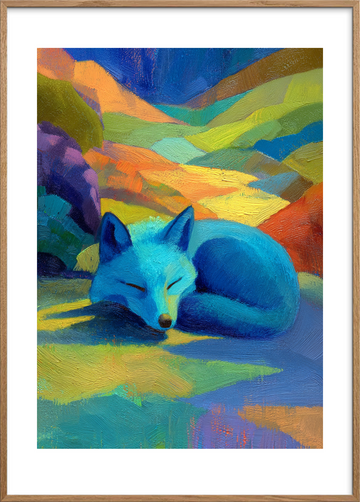 Blå rævs stille symfoni - Oak Frame, With White Border