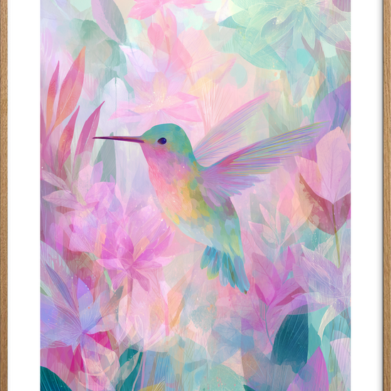 Kolibriens hvisken i farver - Oak Frame, With White Border