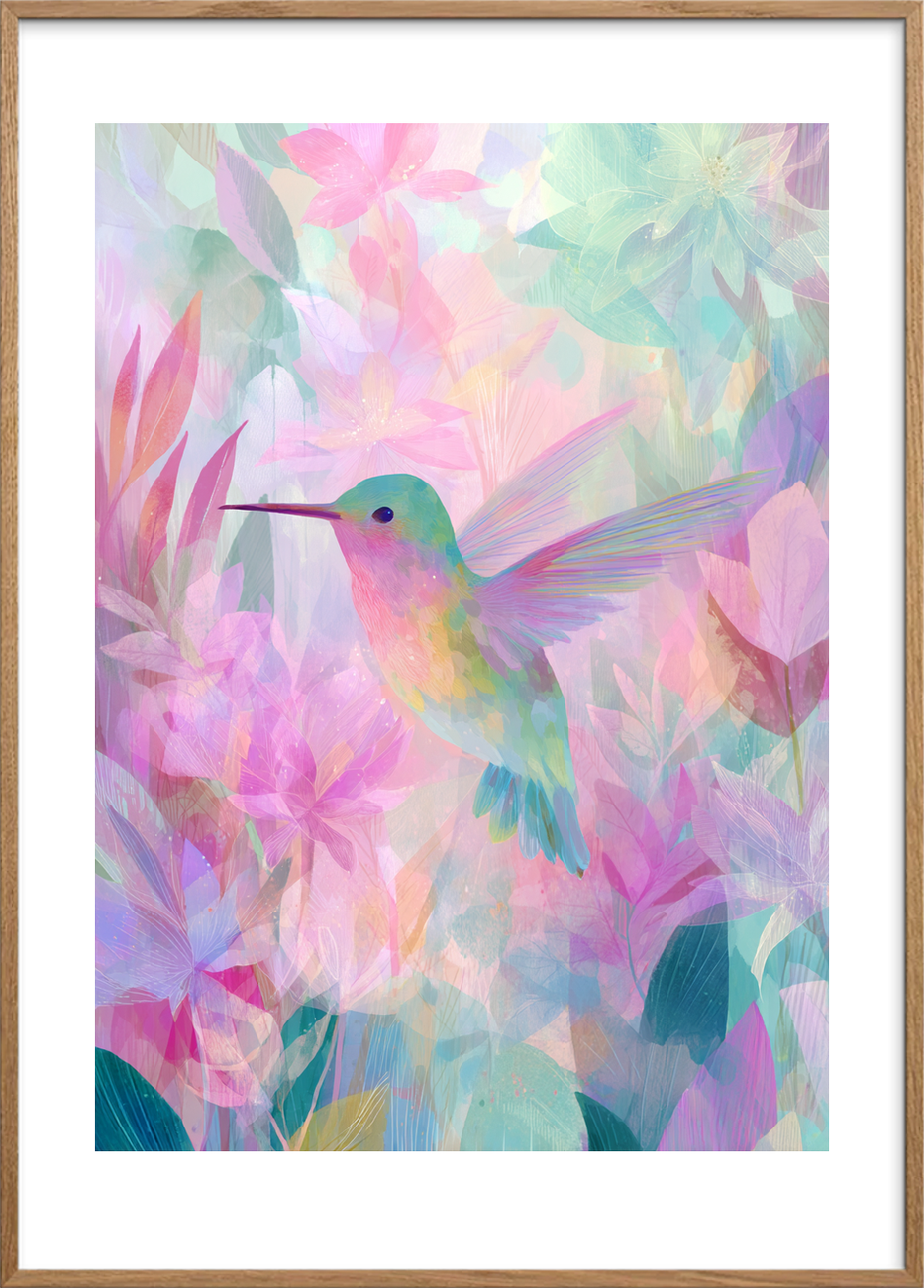 Kolibriens hvisken i farver - Oak Frame, With White Border