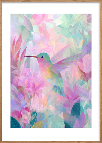 Kolibriens hvisken i farver - Oak Frame, With White Border