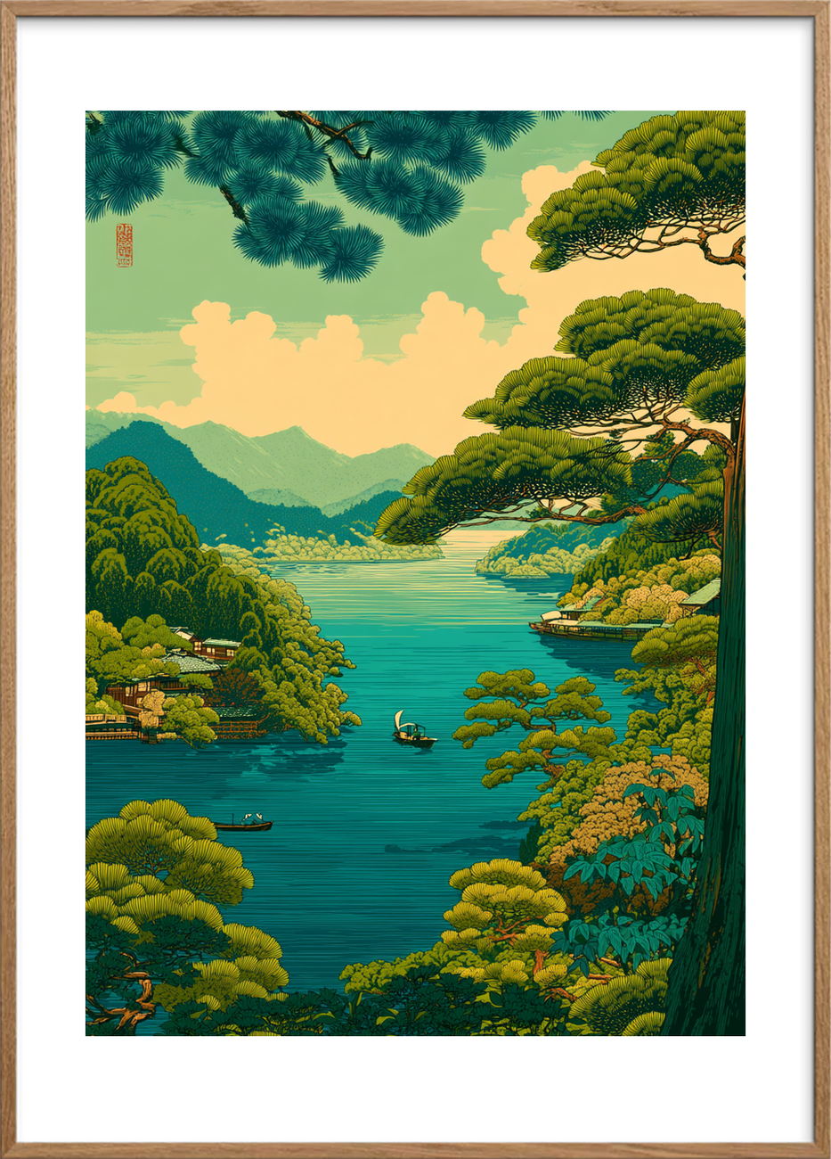 Vindens hvisken over søen - Oak Frame, With White Border