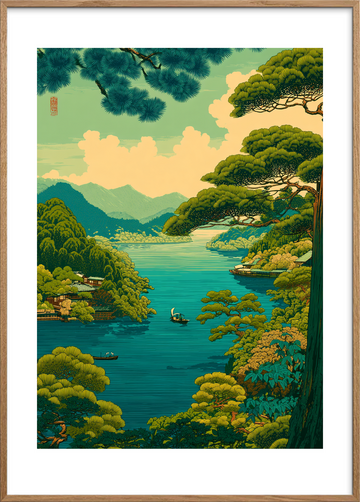 Vindens hvisken over søen - Oak Frame, With White Border