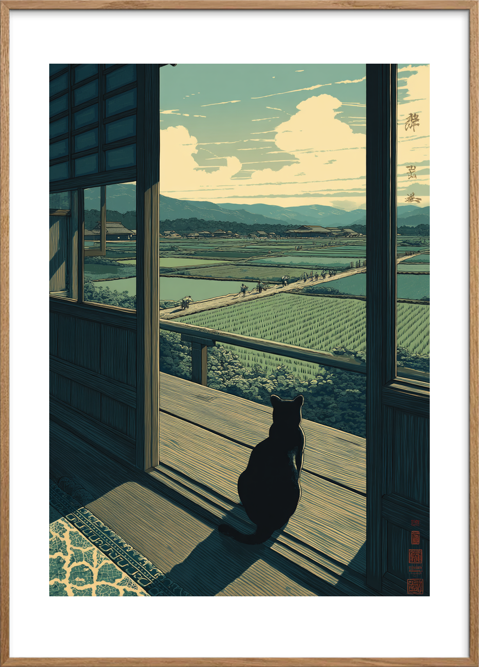 Sommerens hvisken over rismarker - Oak Frame, With White Border