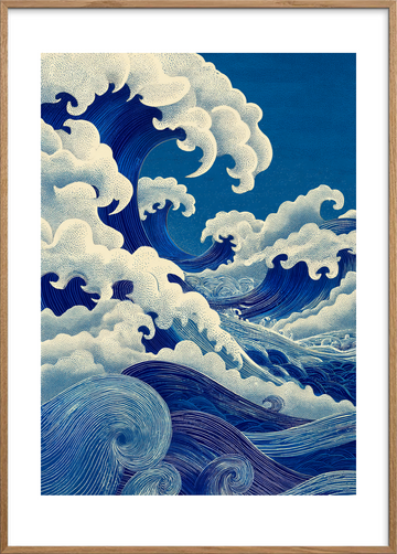 Havets blå brøl - Oak Frame, With White Border