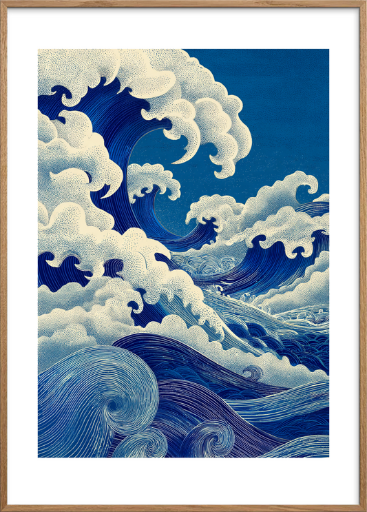 Havets blå brøl - Oak Frame, With White Border