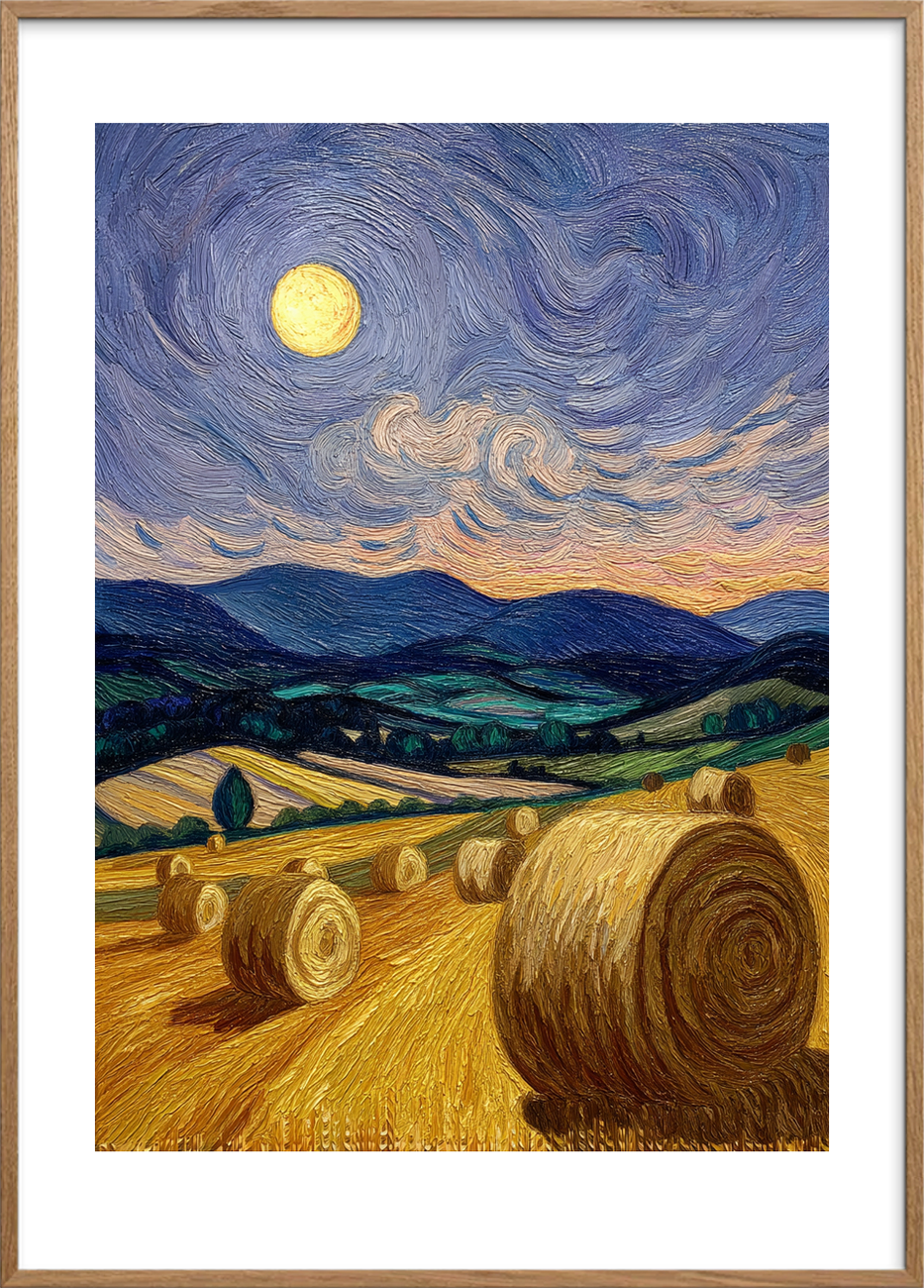 Månens hvisken over markerne - Oak Frame, With White Border