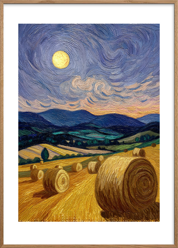 Månens hvisken over markerne - Oak Frame, With White Border