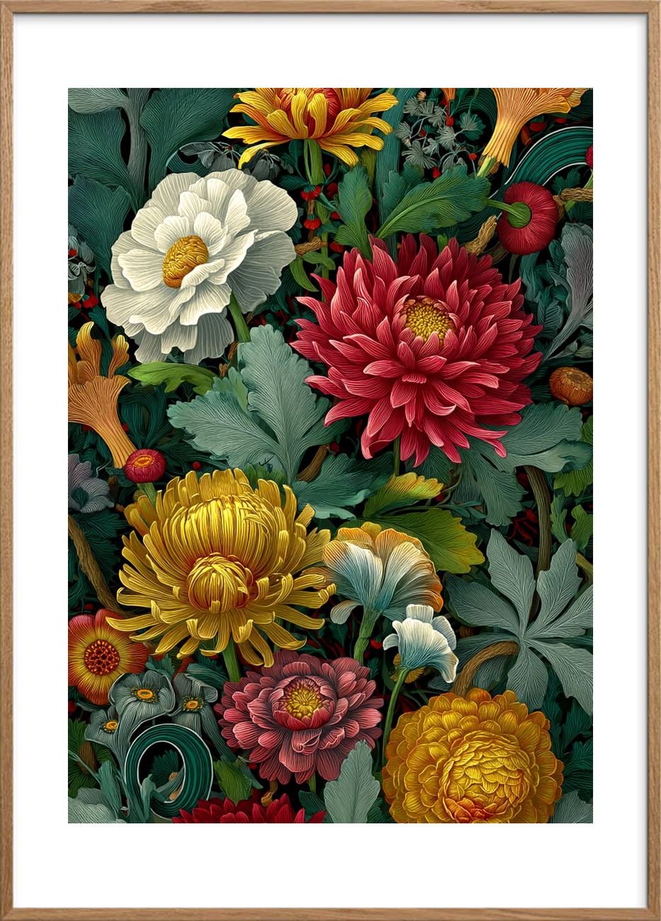 Hviskende blomsternes symfoni - Oak Frame, With White Border