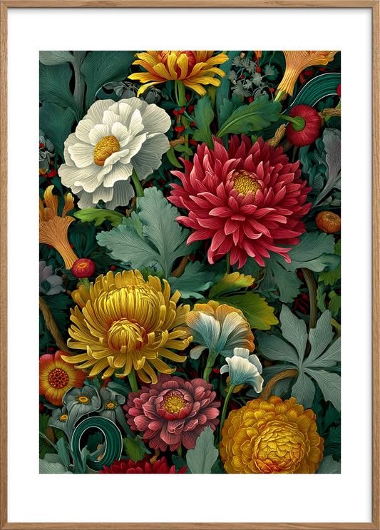 Hviskende blomsternes symfoni - Oak Frame, With White Border