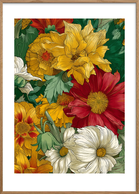 Silkesus i blomsterhaven - Oak Frame, With White Border