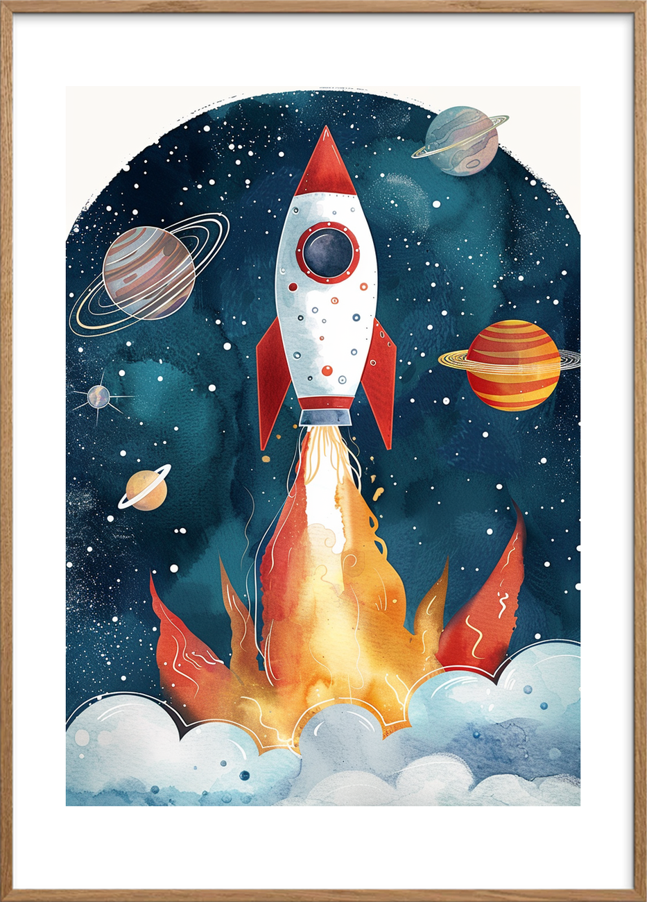 Rumrejsens brændende sang - Oak Frame, With White Border