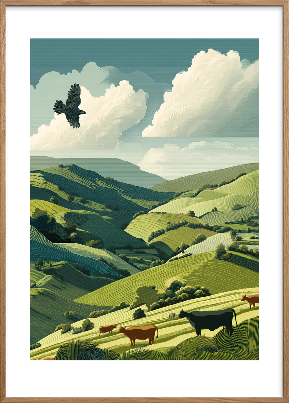 Skyernes hvisken over dalen - Oak Frame, With White Border